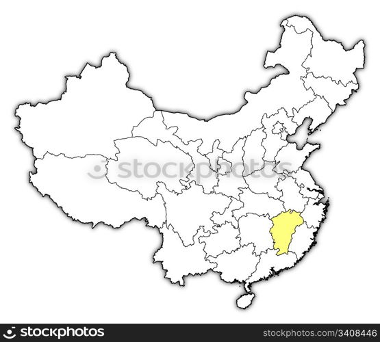 Map of China, Jiangxi highlighted. Political map of China with the several provinces where Jiangxi is highlighted.