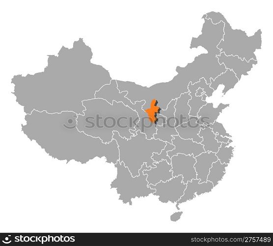 Map of China, Ningxia highlighted. Political map of China with the several provinces where Ningxia is highlighted.