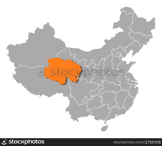 Map of China, Qinghai highlighted. Political map of China with the several provinces where Qinghai is highlighted.