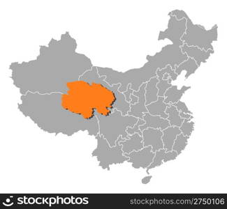 Map of China, Qinghai highlighted. Political map of China with the several provinces where Qinghai is highlighted.