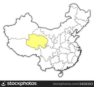 Map of China, Qinghai highlighted. Political map of China with the several provinces where Qinghai is highlighted.