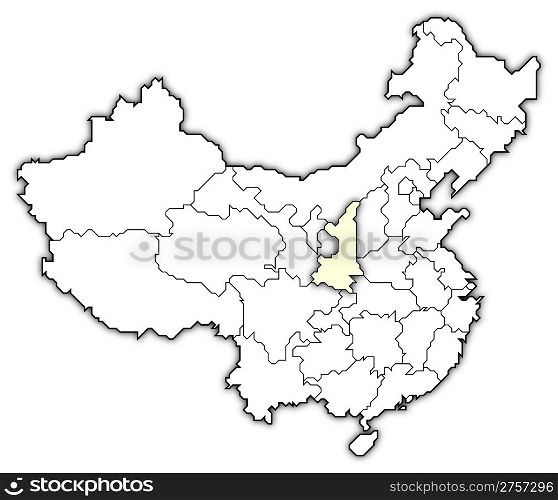 Map of China, Shaanxi highlighted. Political map of China with the several provinces where Shaanxi is highlighted.