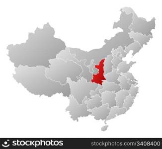 Map of China, Shaanxi highlighted. Political map of China with the several provinces where Shaanxi is highlighted.