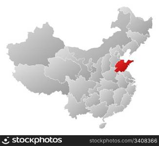 Map of China, Shandong highlighted. Political map of China with the several provinces where Shandong is highlighted.
