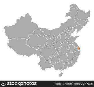 Map of China, Shanghai highlighted. Political map of China with the several provinces where Shanghai is highlighted.