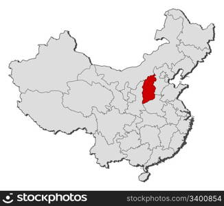Map of China, Shanxi highlighted. Political map of China with the several provinces where Shanxi is highlighted.