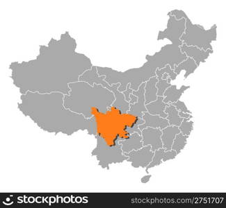 Map of China, Sichuan highlighted. Political map of China with the several provinces where Sichuan is highlighted.