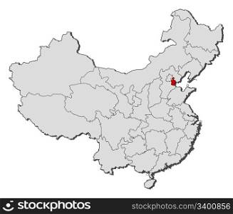 Map of China, Tianjin highlighted. Political map of China with the several provinces where Tianjin is highlighted.