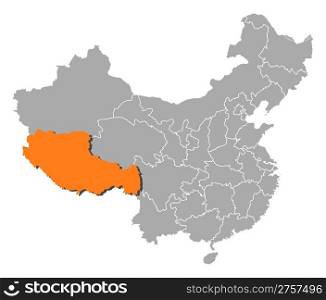 Map of China, Tibet highlighted. Political map of China with the several provinces where Tibet is highlighted.