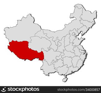 Map of China, Tibet highlighted. Political map of China with the several provinces where Tibet is highlighted.