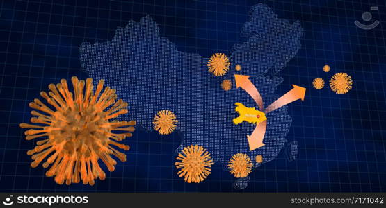 Map of China with Hubei province highlighted, orange arrows coming out in different directions with yellow viruses with hairs and rough texture floating on a dark blue background. 3D Illustration. Map of China with Hubei province highlighted, arrows coming out in different directions with viruses with hairs and rough texture floating on a dark blue background. 3D Illustration