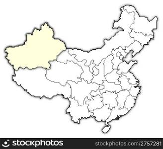 Map of China, Xinjiang highlighted. Political map of China with the several provinces where Xinjiang is highlighted.