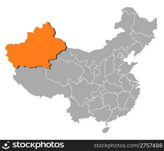 Map of China, Xinjiang highlighted. Political map of China with the several provinces where Xinjiang is highlighted.