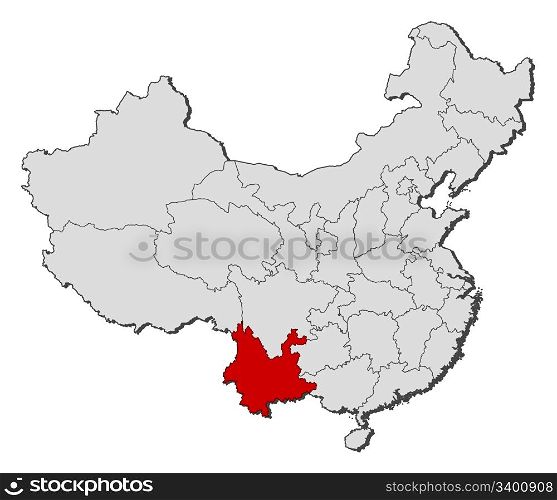 Map of China, Yunnan highlighted. Political map of China with the several provinces where Yunnan is highlighted.