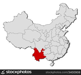 Map of China, Yunnan highlighted. Political map of China with the several provinces where Yunnan is highlighted.