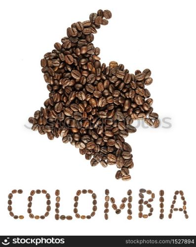Map of Colombia made of roasted coffee beans isolated on white background. World of coffee conceptual image.. Map of Colombia made of roasted coffee beans isolated on white background.