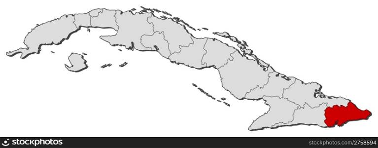 Map of Cuba, Guantanamo highlighted. Political map of Cuba with the several provinces where Guantanamo is highlighted.