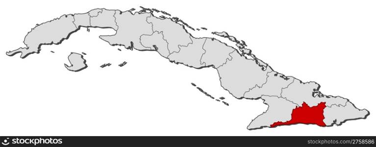 Map of Cuba, Santiago de Cuba highlighted. Political map of Cuba with the several provinces where Santiago de Cuba is highlighted.