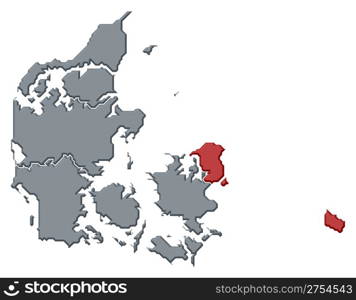 Map of Danmark, Capital Region highlighted. Political map of Danmark with the several regions where Capital Region is highlighted.