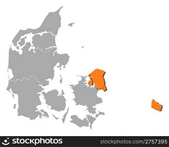 Map of Danmark, Capital Region highlighted. Political map of Danmark with the several regions where Capital Region is highlighted.