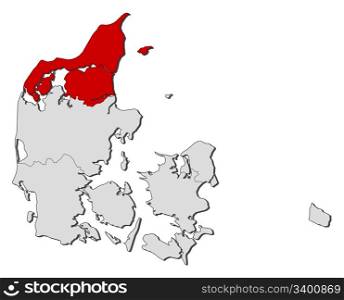 Map of Danmark, North Denmark highlighted. Political map of Danmark with the several regions where North Denmark is highlighted.