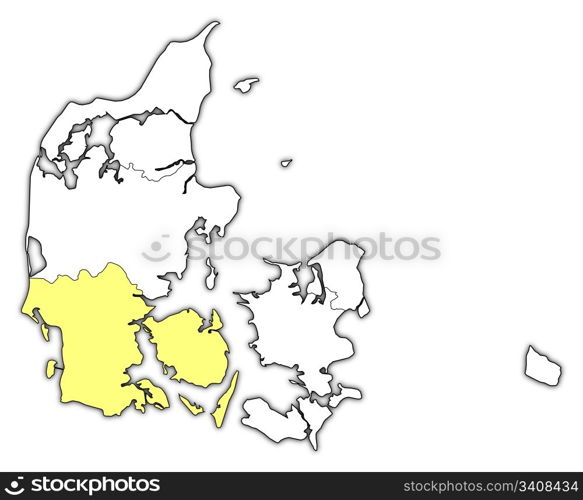 Map of Danmark, South Denmark highlighted. Political map of Danmark with the several regions where South Denmark is highlighted.