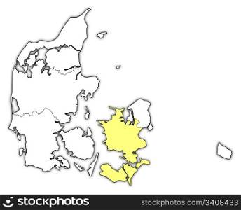 Map of Danmark, Zealand highlighted. Political map of Danmark with the several regions where Zealand is highlighted.