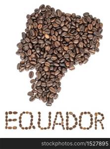 Map of Equador made of roasted coffee beans isolated on white background. World of coffee conceptual image.. Map of Equador made of roasted coffee beans isolated on white background.
