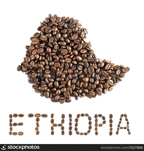 Map of Ethiopia made of roasted coffee beans isolated on white background. World of coffee conceptual image.. Map of Ethiopia made of roasted coffee beans isolated on white background.