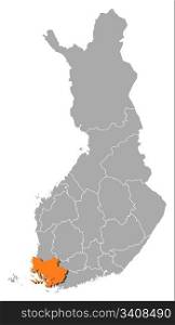 Map of Finland, Finland Proper highlighted. Political map of Finland with the several regions where Finland Proper is highlighted.