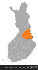 Map of Finland, Kainuu highlighted. Political map of Finland with the several regions where Kainuu is highlighted.