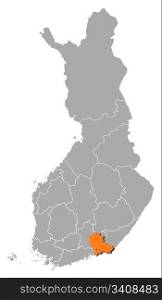 Map of Finland, Kymenlaakso highlighted. Political map of Finland with the several regions where Kymenlaakso is highlighted.