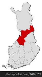 Map of Finland, Northern Ostrobothnia highlighted. Political map of Finland with the several regions where Northern Ostrobothnia is highlighted.