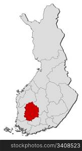 Map of Finland, Pirkanmaa highlighted. Political map of Finland with the several regions where Pirkanmaa is highlighted.