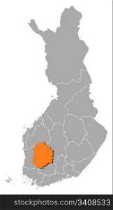 Map of Finland, Pirkanmaa highlighted. Political map of Finland with the several regions where Pirkanmaa is highlighted.