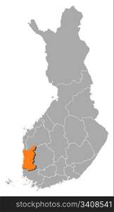 Map of Finland, Satakunta highlighted. Political map of Finland with the several regions where Satakunta is highlighted.