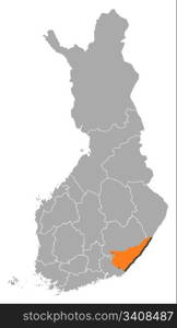 Map of Finland, South Karelia highlighted. Political map of Finland with the several regions where South Karelia is highlighted.