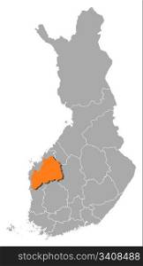 Map of Finland, Southern Ostrobothnia highlighted. Political map of Finland with the several regions where Southern Ostrobothnia is highlighted.