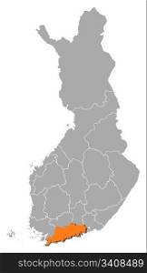 Map of Finland, Uusimaa highlighted. Political map of Finland with the several regions where Uusimaa is highlighted.