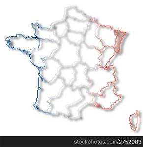 Map of France, Alsace highlighted. Political map of France with the several regions where Alsace is highlighted.