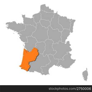 Map of France, Aquitaine highlighted. Political map of France with the several regions where Aquitaine is highlighted.