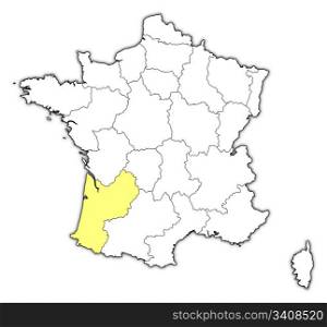 Map of France, Aquitaine highlighted. Political map of France with the several regions where Aquitaine is highlighted.