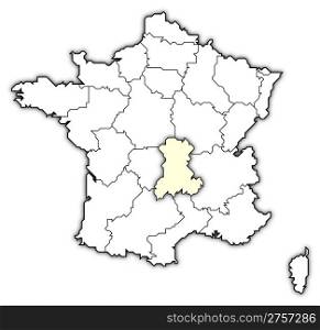 Map of France, Auvergne highlighted. Political map of France with the several regions where Auvergne is highlighted.