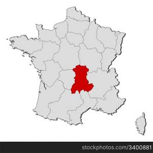 Map of France, Auvergne highlighted. Political map of France with the several regions where Auvergne is highlighted.