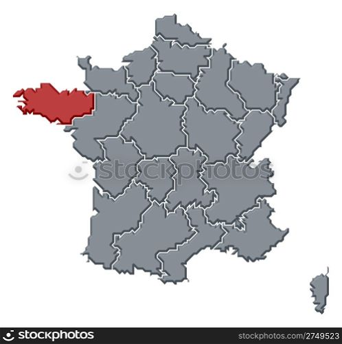 Map of France, Brittany highlighted. Political map of France with the several regions where Brittany is highlighted.