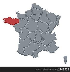 Map of France, Brittany highlighted. Political map of France with the several regions where Brittany is highlighted.