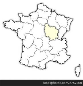 Map of France, Burgundy highlighted. Political map of France with the several regions where Burgundy is highlighted.