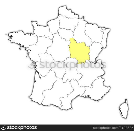 Map of France, Burgundy highlighted. Political map of France with the several regions where Burgundy is highlighted.