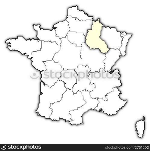 Map of France, Champagne-Ardenne highlighted. Political map of France with the several regions where Champagne-Ardenne is highlighted.