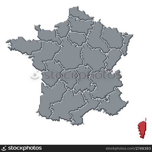 Map of France, Corsica highlighted. Political map of France with the several regions where Corsica is highlighted.